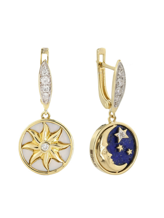 Серьги из лимонного золота c бриллиантами, лазуритом и перламутром