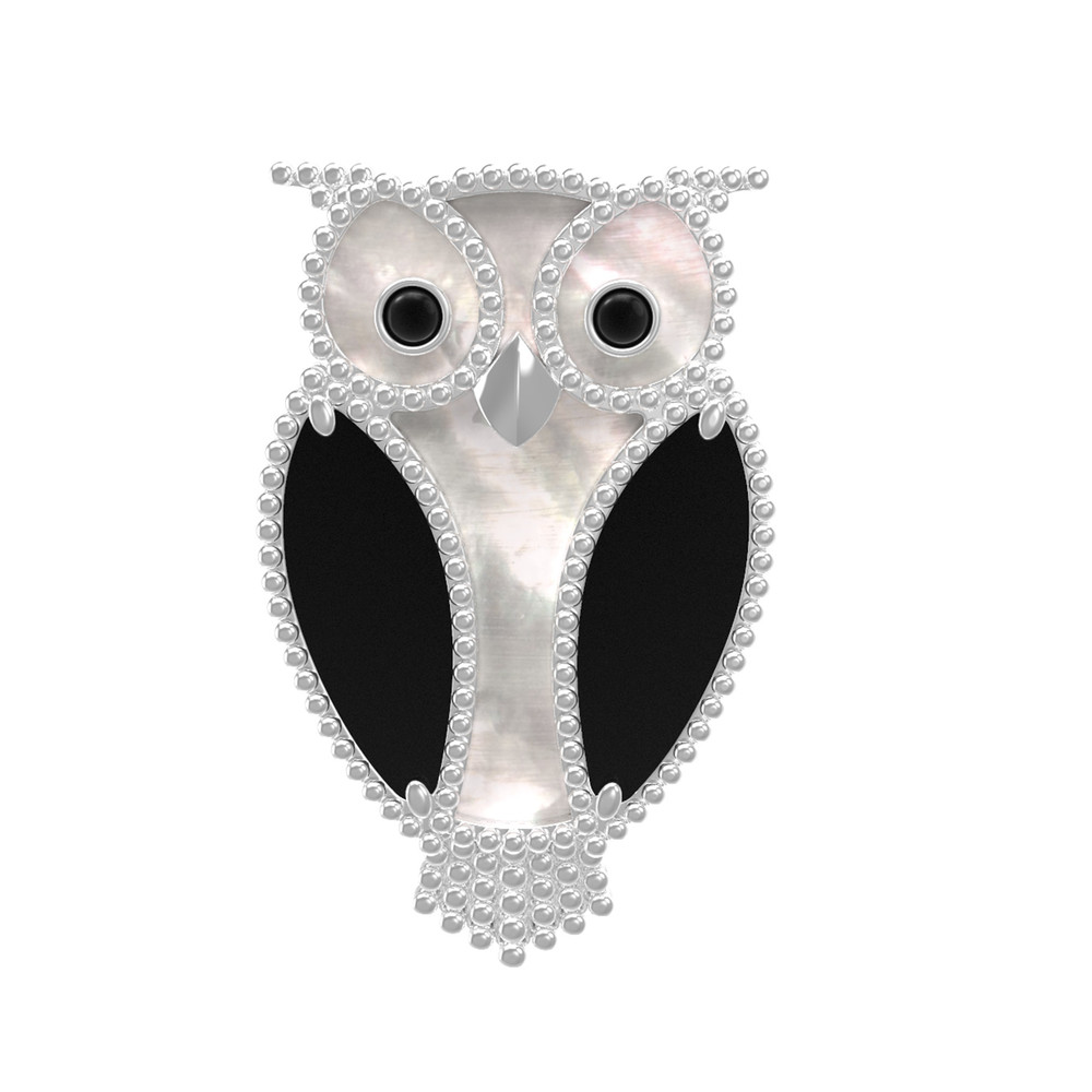 Брошь из белого золота c эмаль , ониксом и перламутром