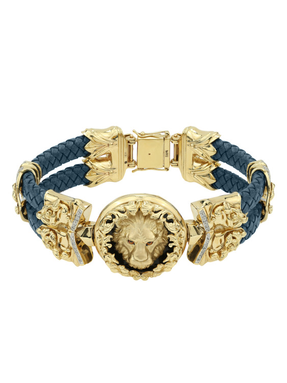 Браслет из лимонного золота c эмаль , бриллиантами, кожаным шнурком и ониксом