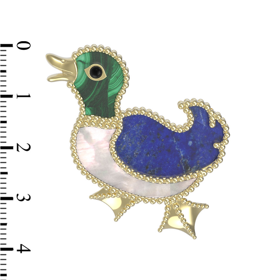 Брошь из лимонного золота c эмаль , лазуритом, малахитом и перламутром