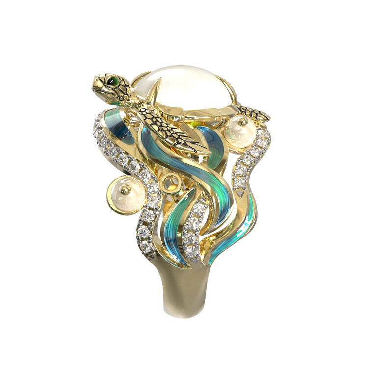 Кольцо из лимонного золота c эмаль , бриллиантами, жемчугом и перламутром