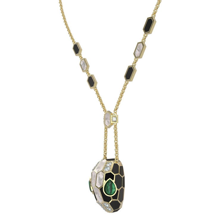 Колье из лимонного золота c бриллиантами, рубином, ониксом, малахитом и перламутром