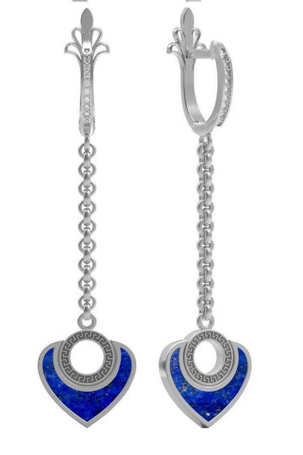 Серьги из белого золота c фианитом и лазуритом