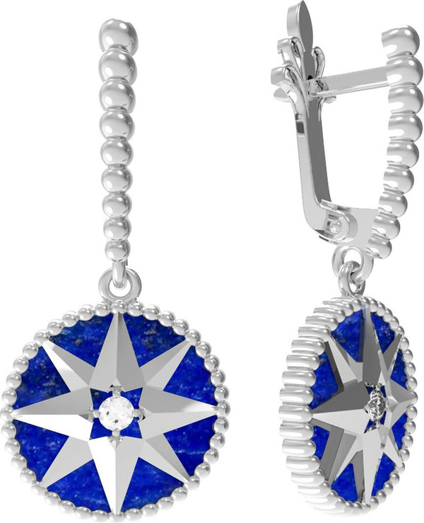 Серьги из белого золота c фианитом и лазуритом