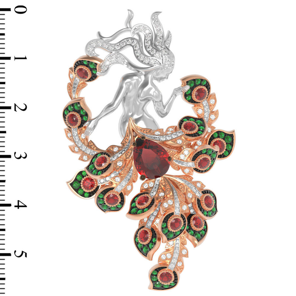 Брошь из золота c фианитом и гранатом