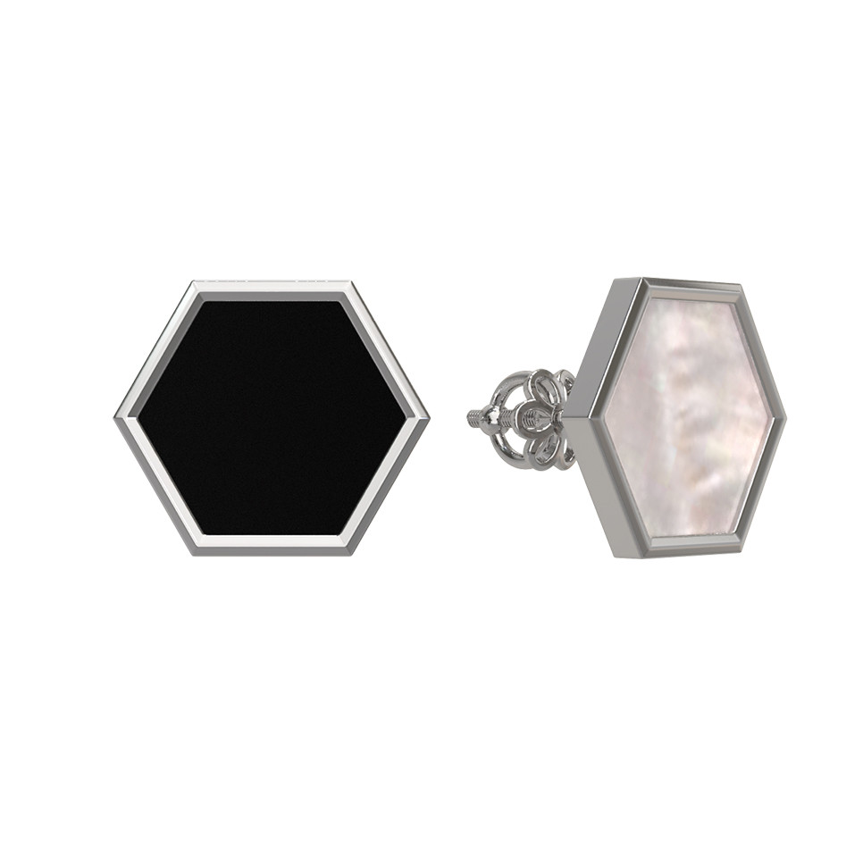 Серьги из белого золота c ониксом и перламутром