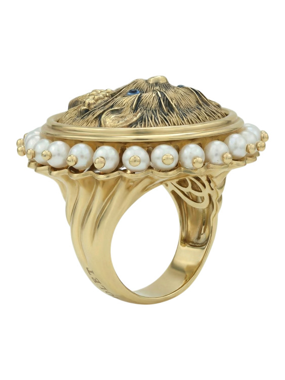 Кольцо из лимонного золота c эмаль и жемчугом