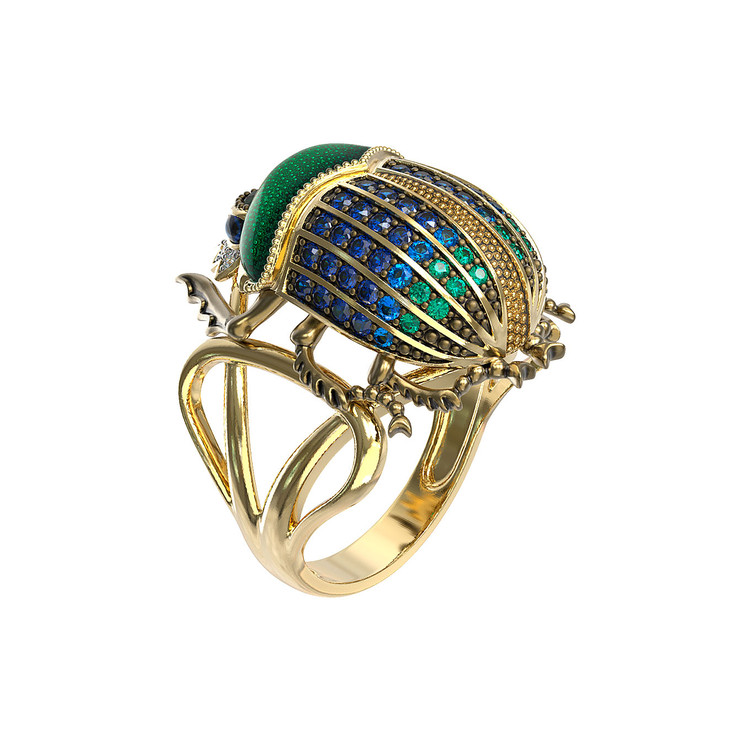 Кольцо из лимонного золота c эмаль , фианитом и турмалином
