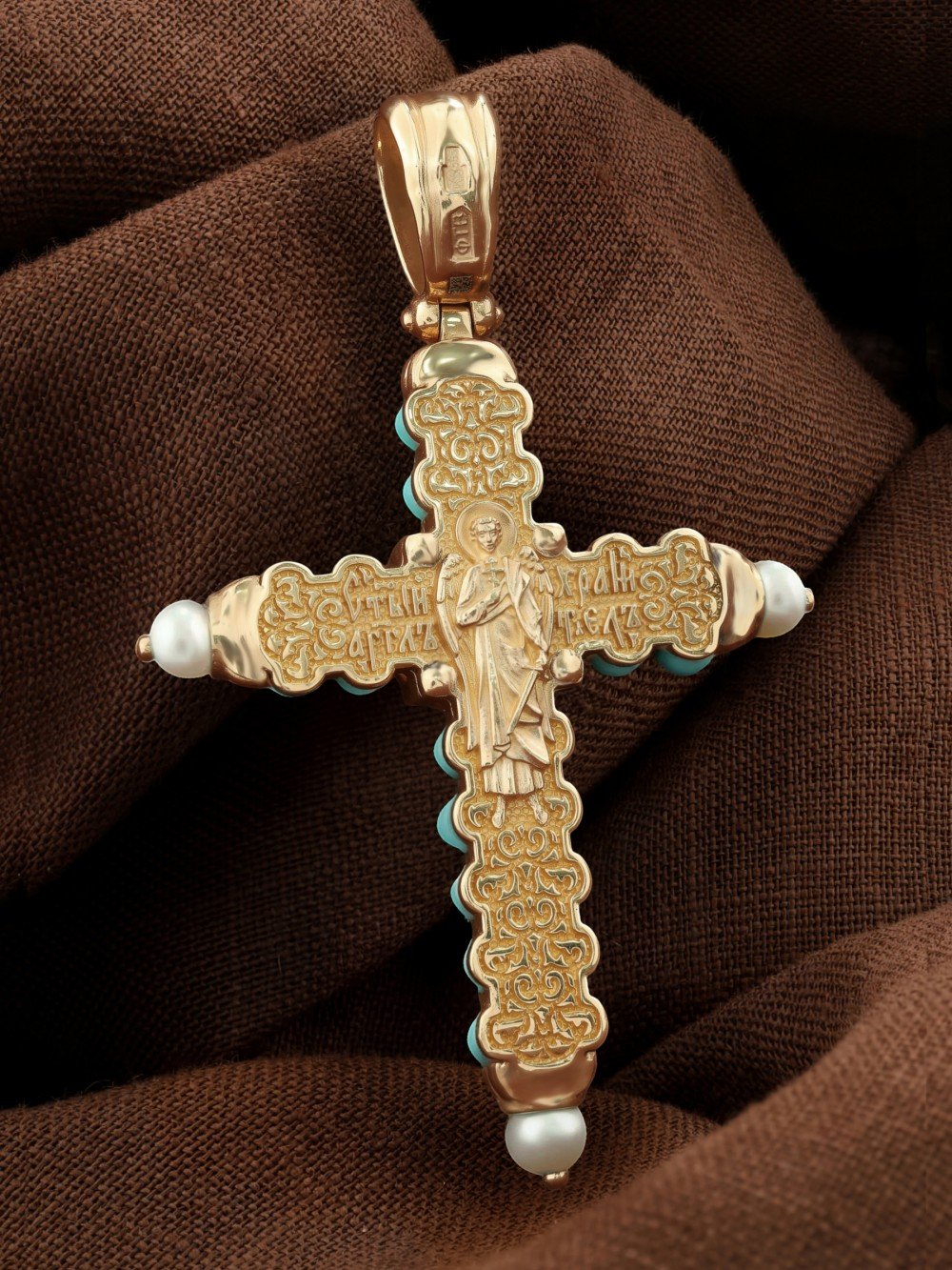 Крест из золота c жемчугом и бирюзой