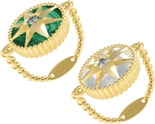 Кольцо из лимонного золота c фианитом, малахитом и перламутром