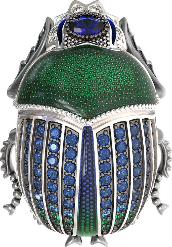 Брошь из белого золота c эмаль , фианитом и сапфиром