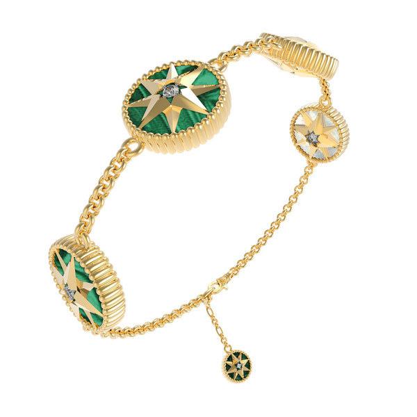 Браслет из лимонного золота c фианитом, малахитом и перламутром