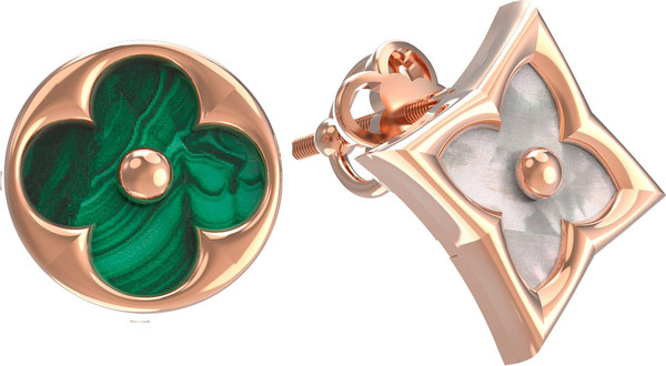 Серьги из золота c малахитом и перламутром