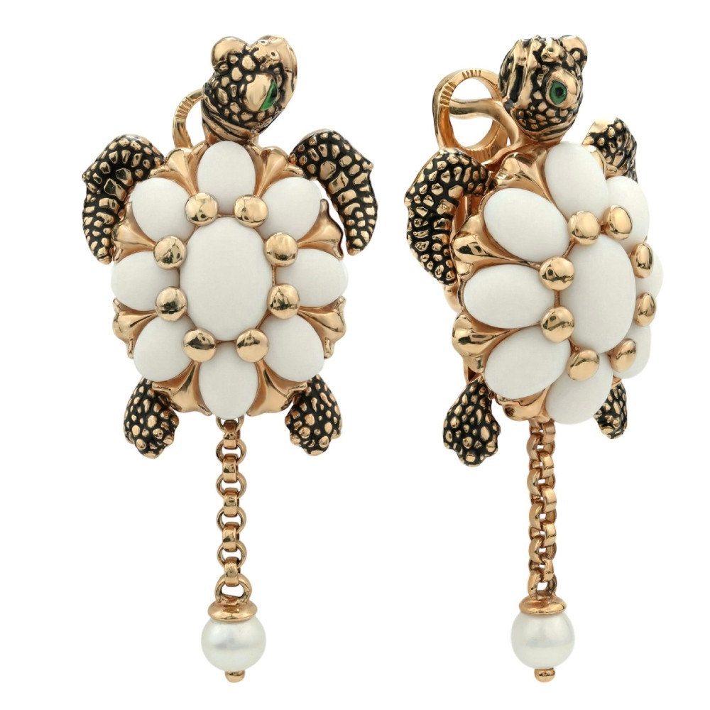 Серьги из золота c эмаль , жемчугом и бивнем мамонта