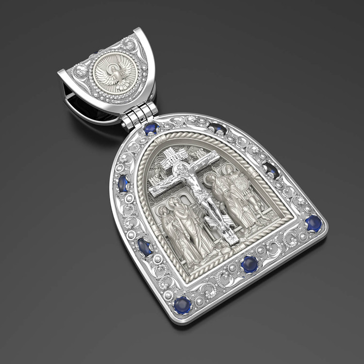 Образок из белого золота c эмаль , сапфиром и бивнем мамонта