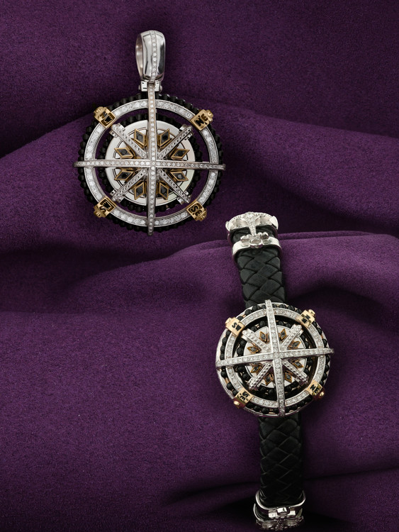 Браслет из белого золота c эмаль , бриллиантами, кожаным шнурком и ониксом