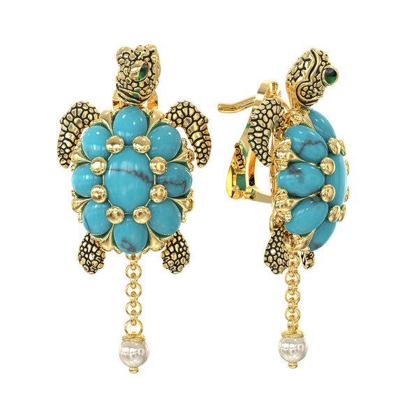 Серьги из лимонного золота c эмалью, жемчугом и бирюзой