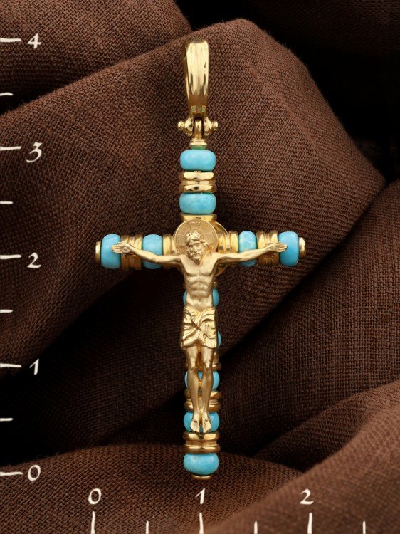 Крест из лимонного золота c бирюзой