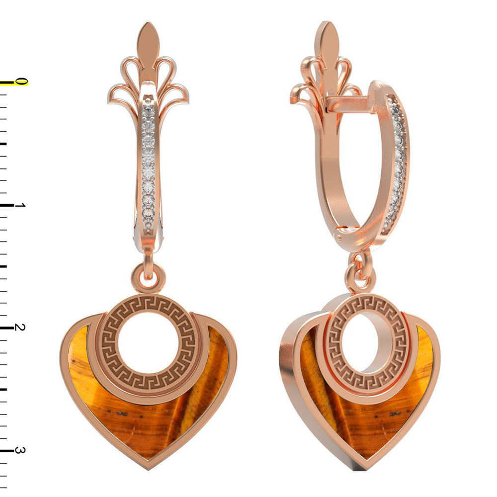 Серьги из золота c фианитом и тигровым глазом