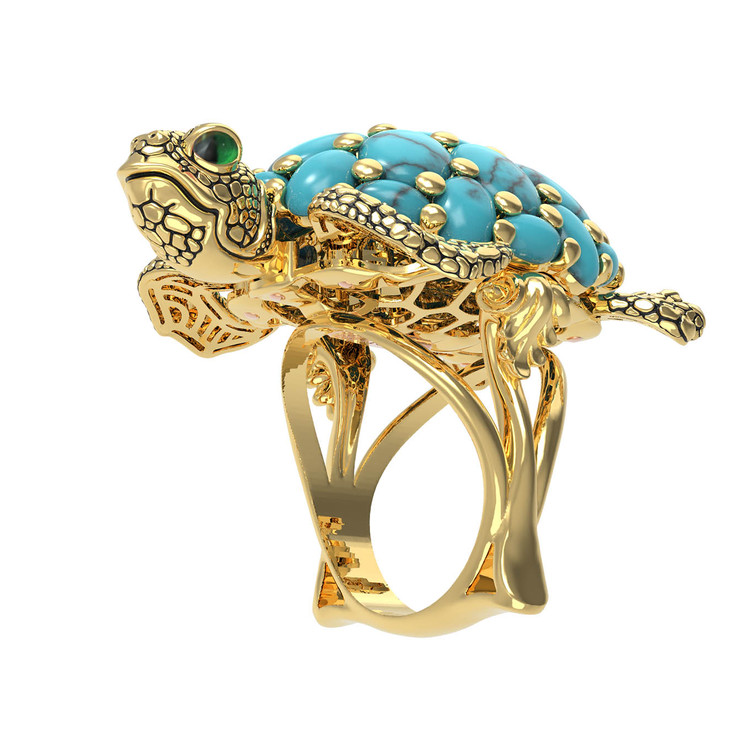 Кольцо из лимонного золота c эмаль и бирюзой