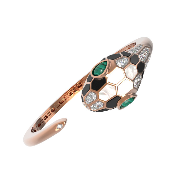 Браслет из золота c бриллиантами, рубином, ониксом, малахитом и перламутром