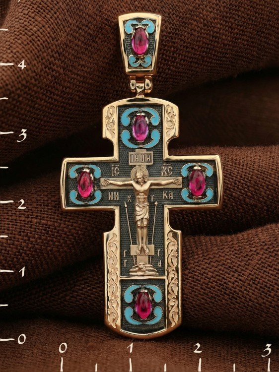 Крест из золота c эмалью и рубином