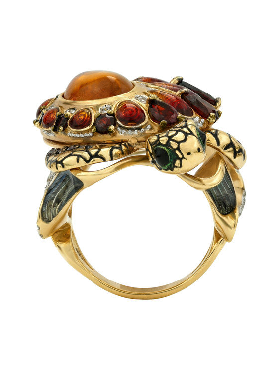 Кольцо из лимонного золота c эмалью, фианитом, гранатом и янтарём