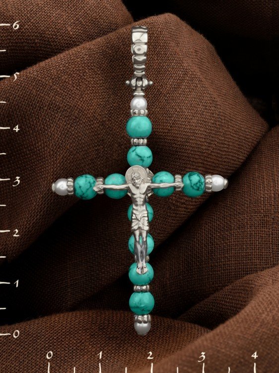 Крест из белого золота c жемчугом и бирюзой