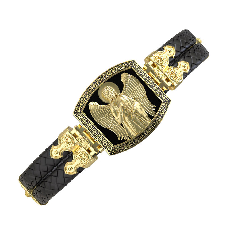 Браслет из лимонного золота c эмаль , шнурком и ониксом