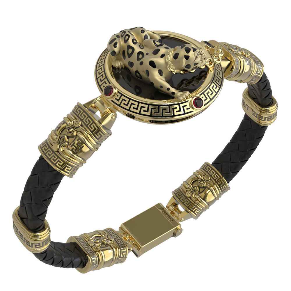 Браслет из лимонного золота c эмаль , шнурком, ониксом и рубином