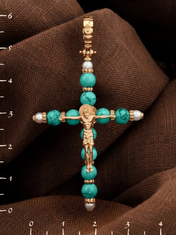 Крест из золота c жемчугом и бирюзой