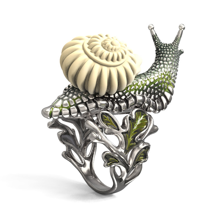 Кольцо из белого золота c эмаль и бивнем мамонта