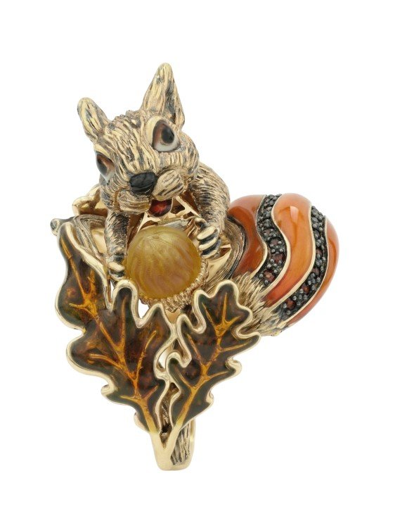 Кольцо из лимонного золота c эмаль , гранатом и янтарём