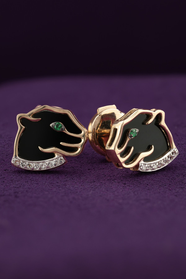 Серьги из золота c бриллиантами, изумрудом и ониксом