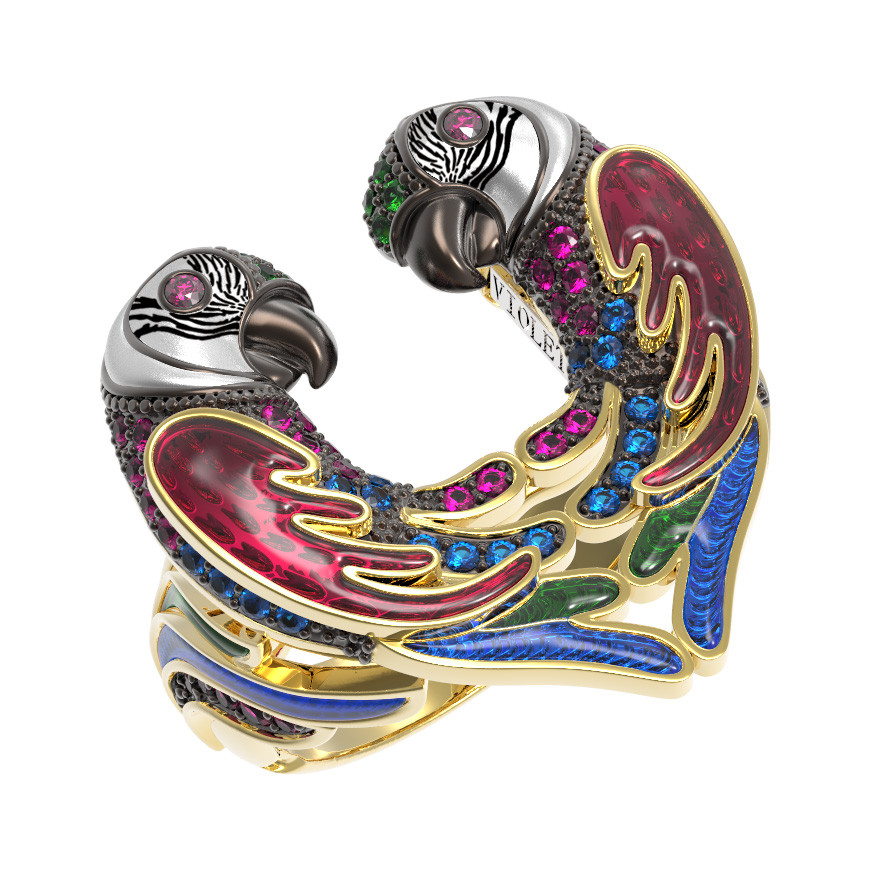 Кольцо из лимонного золота c эмаль и фианитом