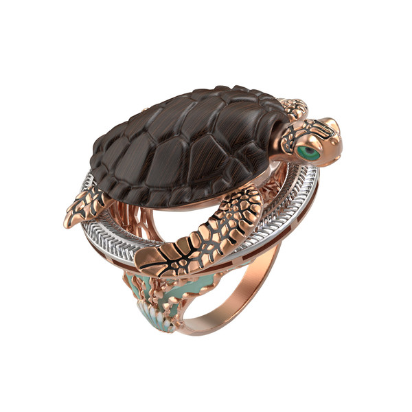 Кольцо из золота c эмаль и железным деревом