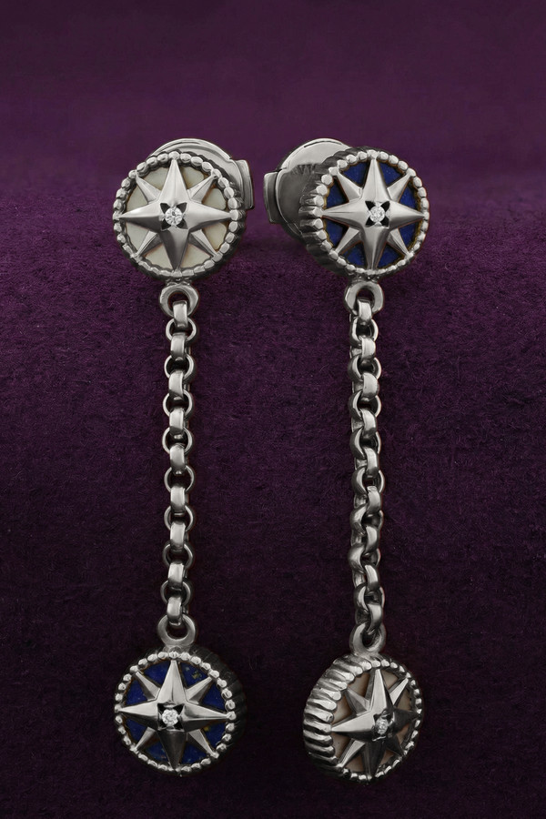 Серьги из белого золота c бриллиантами, лазуритом и перламутром