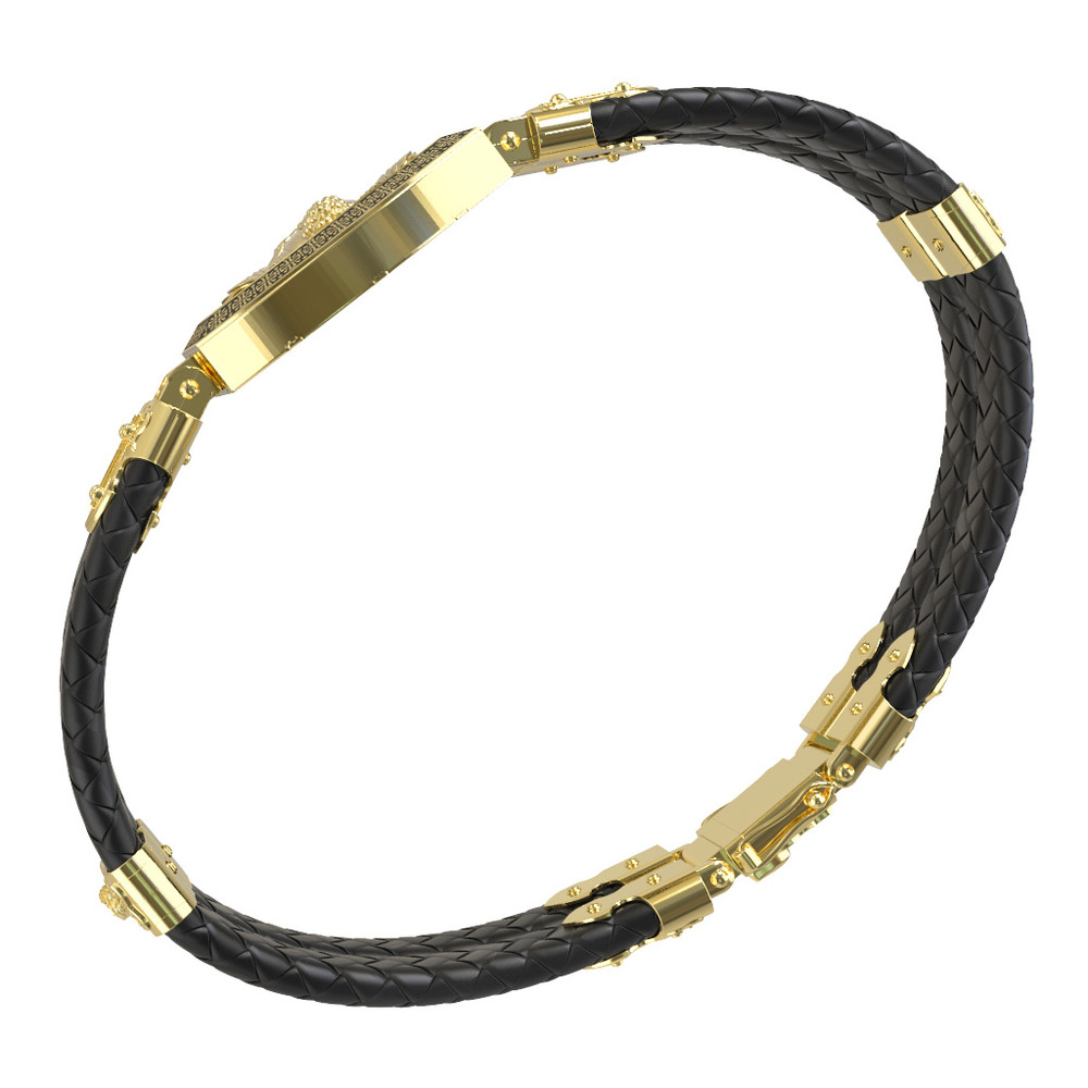 Браслет из лимонного золота c эмаль , шнурком и ониксом