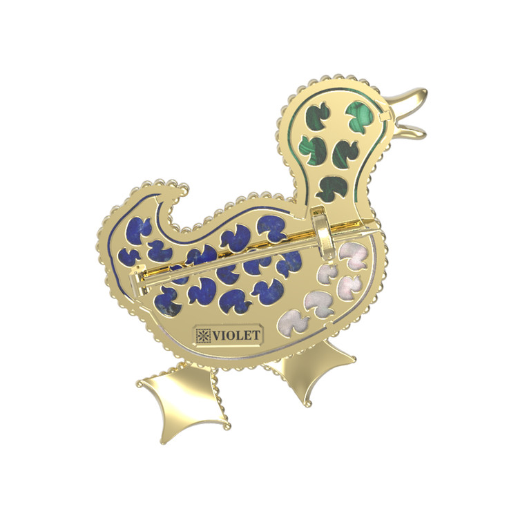 Брошь из лимонного золота c эмаль , лазуритом, малахитом и перламутром