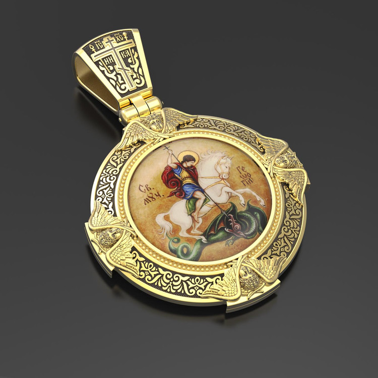 Образок из лимонного золота c эмаль , иконописью и темперой