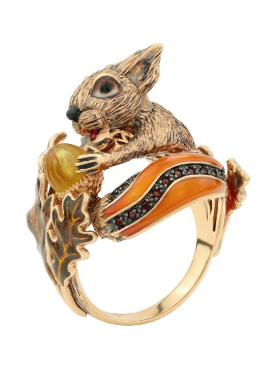 Кольцо из золота c эмаль , гранатом и янтарём