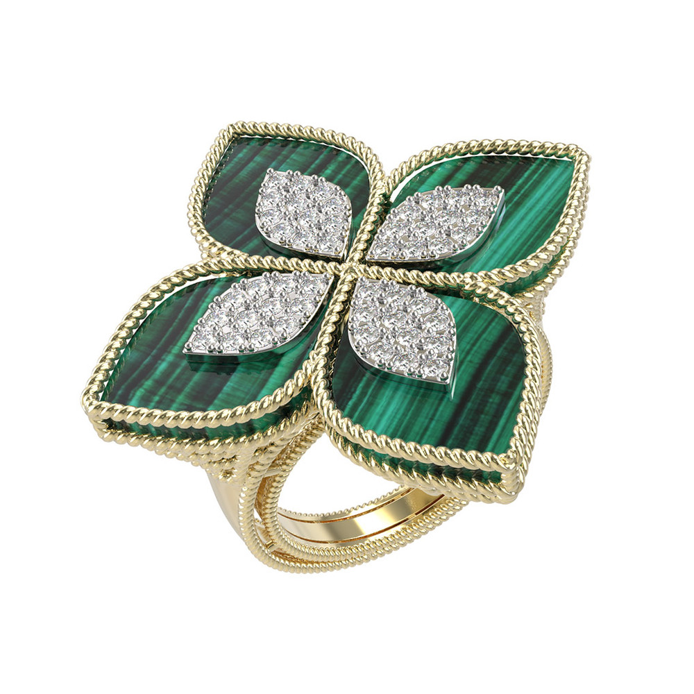 Кольцо из лимонного золота c бриллиантами и малахитом