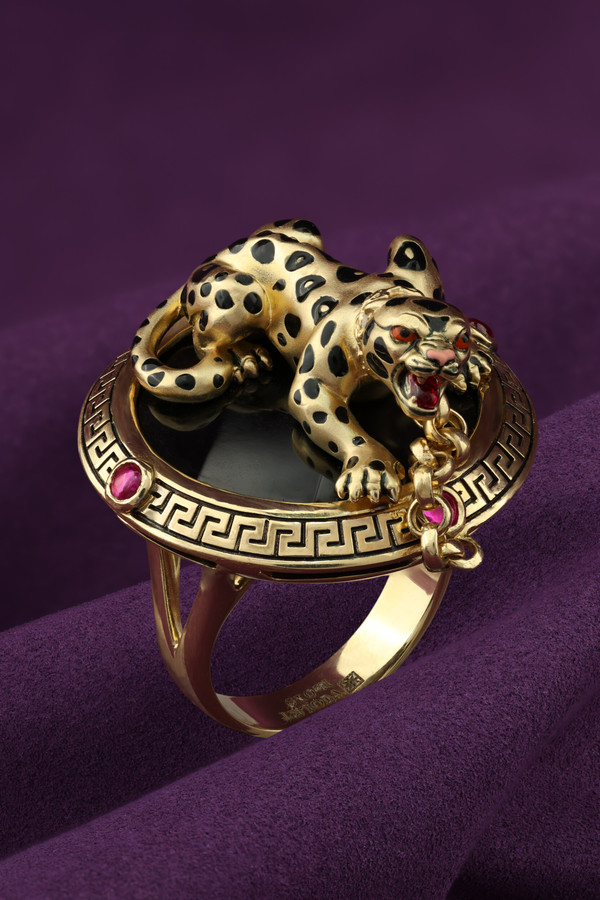 Кольцо из лимонного золота c эмаль , ониксом и рубином