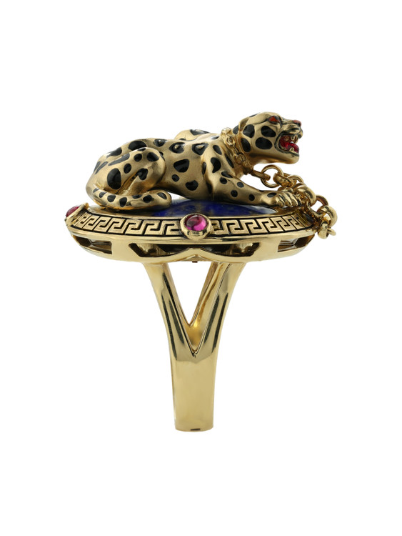 Кольцо из лимонного золота c эмаль , рубином и лазуритом