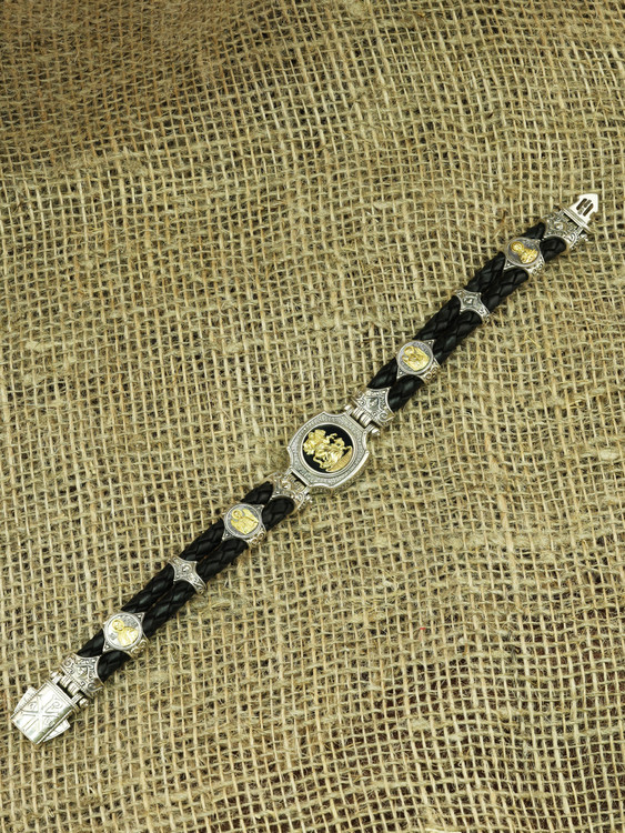 Браслет из серебра и золота c кожаным шнурком и ониксом