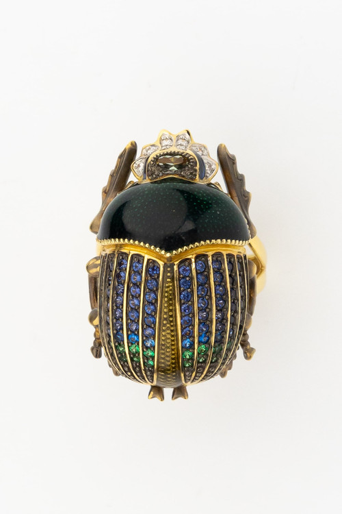 Кольцо из лимонного золота c эмаль , фианитом и турмалином