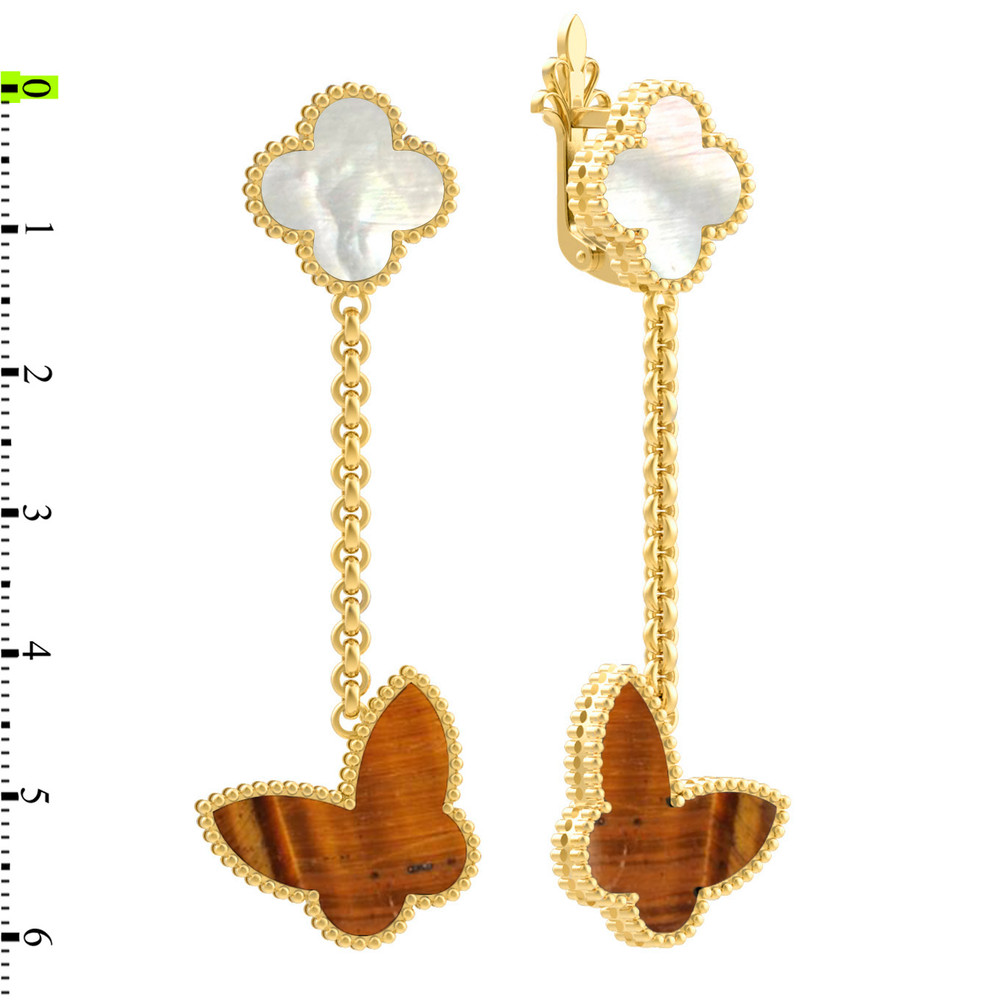 Серьги из лимонного золота c тигровым глазом и перламутром