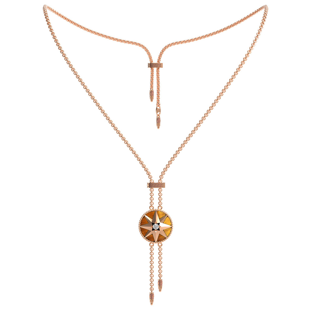 Колье из золота c фианитом, тигровым глазом и перламутром