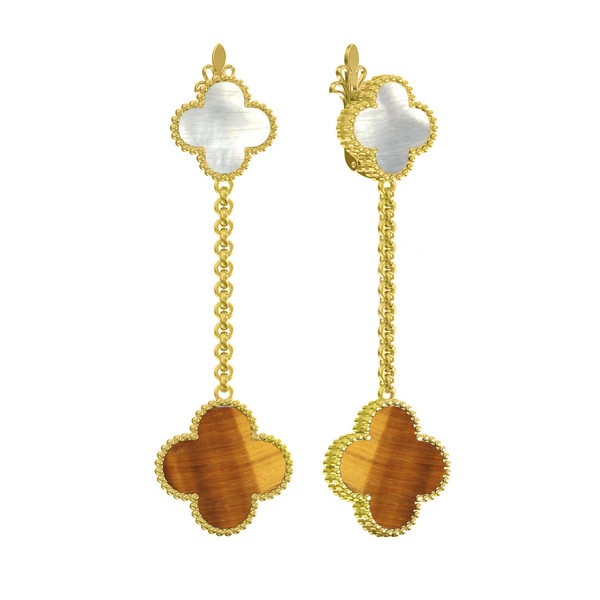 Серьги из лимонного золота c тигровым глазом и перламутром