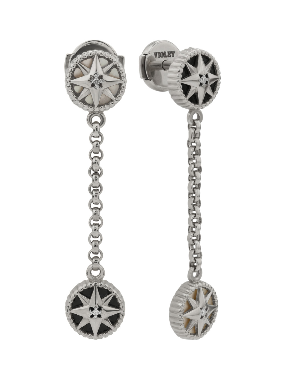 Серьги из белого золота c бриллиантами, ониксом и перламутром